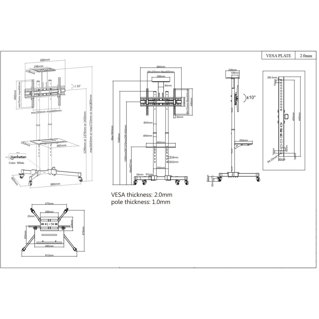 Manhattan Soporte con carrito para TV/monitores, pantallas 37"–65", Compatibilidad VESA: de 200x200 a 600x400 mm (verifi