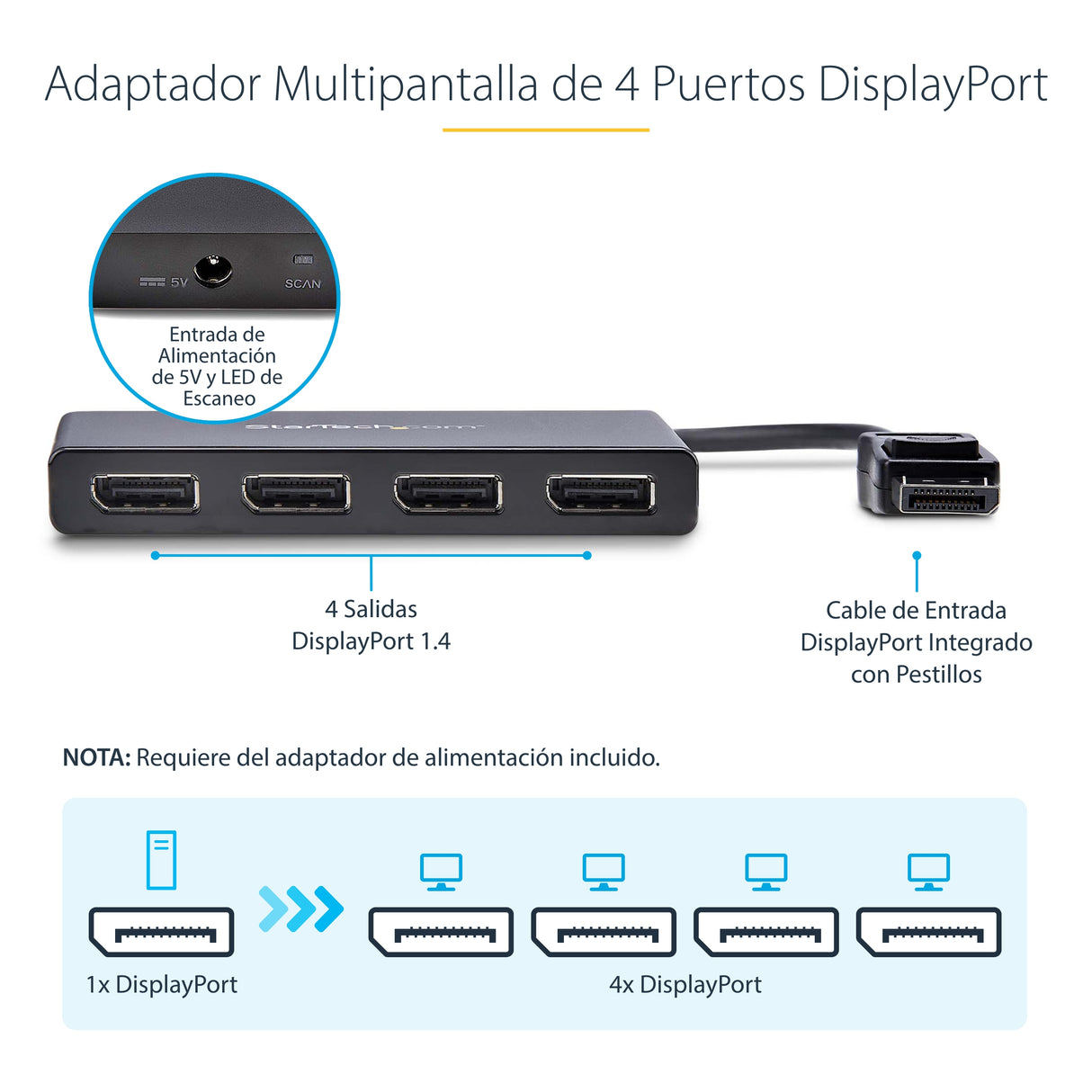 StarTech.com Hub MST de 4 Puertos DisplayPort 1.2 - Divisor Splitter DP de 4 Monitores - Adaptador DP a 4x DisplayPort 1