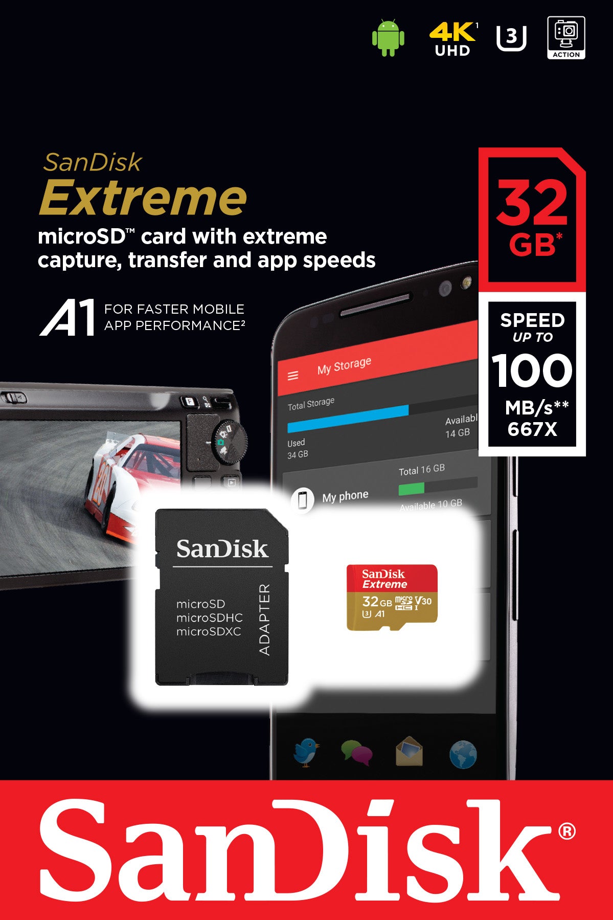 SanDisk Extreme 32 GB MicroSDHC UHS-I Clase 10, 100 MB/s, SDSQXAF-032G-GN6MA
