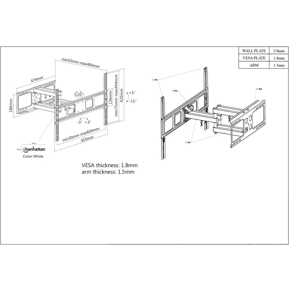 Manhattan Soporte Universal de Pared para TV, con Movimiento Completo, Básico Monitor Negro