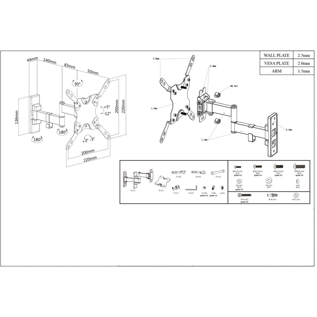 Manhattan Soporte de pared para TV/monitores (Articulado), pantallas 13"–42", Compatibilidad VESA: de 75x75 a