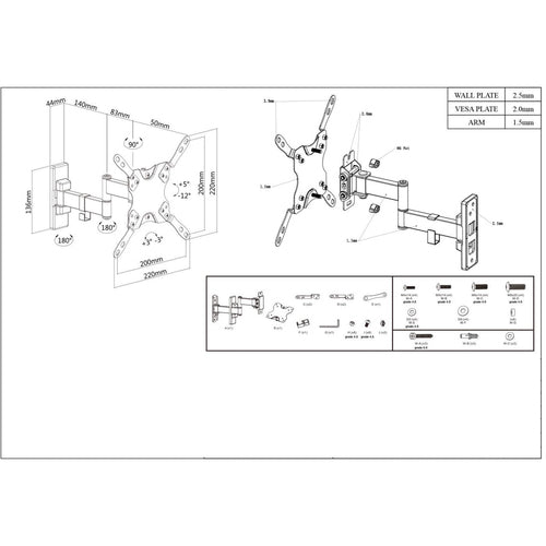 Manhattan Soporte de pared para TV/monitores (Articulado), pantallas 13"–42", Compatibilidad VESA: de 75x75 a