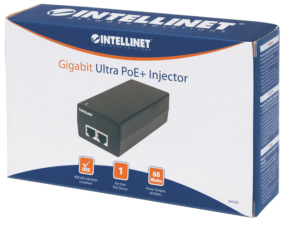 Intellinet Injecteur Ultra PoE+ Gigabit, 1 port 60 W, conforme IEEE 802.3bt et 802.3at/af, boîtier plastique, Alimentati