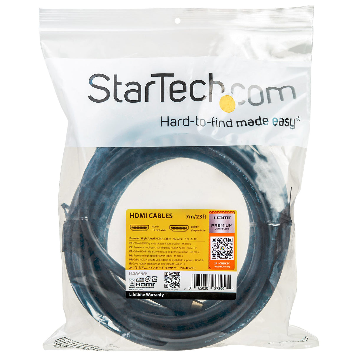 StarTech.com Cable de 7m HDMI 2.0 Certificado Premium con Ethernet - HDMI de Alta Velocidad Ultra HD de 4K a 60Hz HDR10 - para Monitores o TV UHD Cable 7 m HDMI tipo A (Estándar) HDMI tipo A (Estándar) Macho