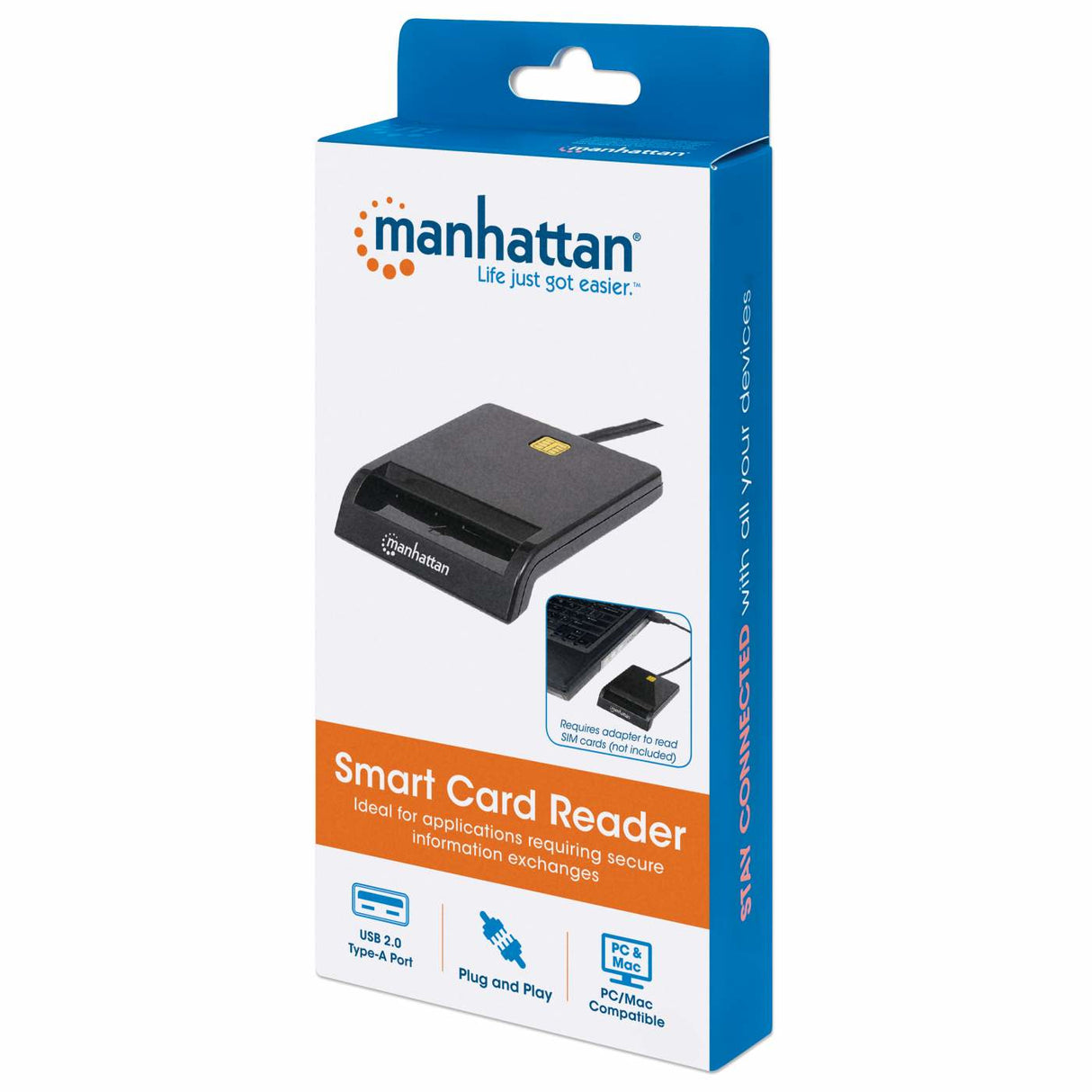 Manhattan Lector de tarjetas inteligentes con contacto USB-A, 12 Mbps, tipo fricción, externo, Windows o Mac, cable 105 cm, negro, 3 años de garantía lector de tarjeta inteligente Si 200000 Interior Negro