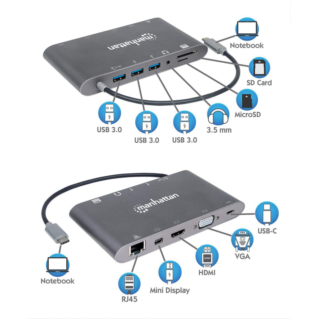 Manhattan Docking Station USB-C SuperVelocidad 7 en 1 Laptop Alámbrico USB 3.2 Gen 1 (3.1 Gen 1) Type-C 3 1