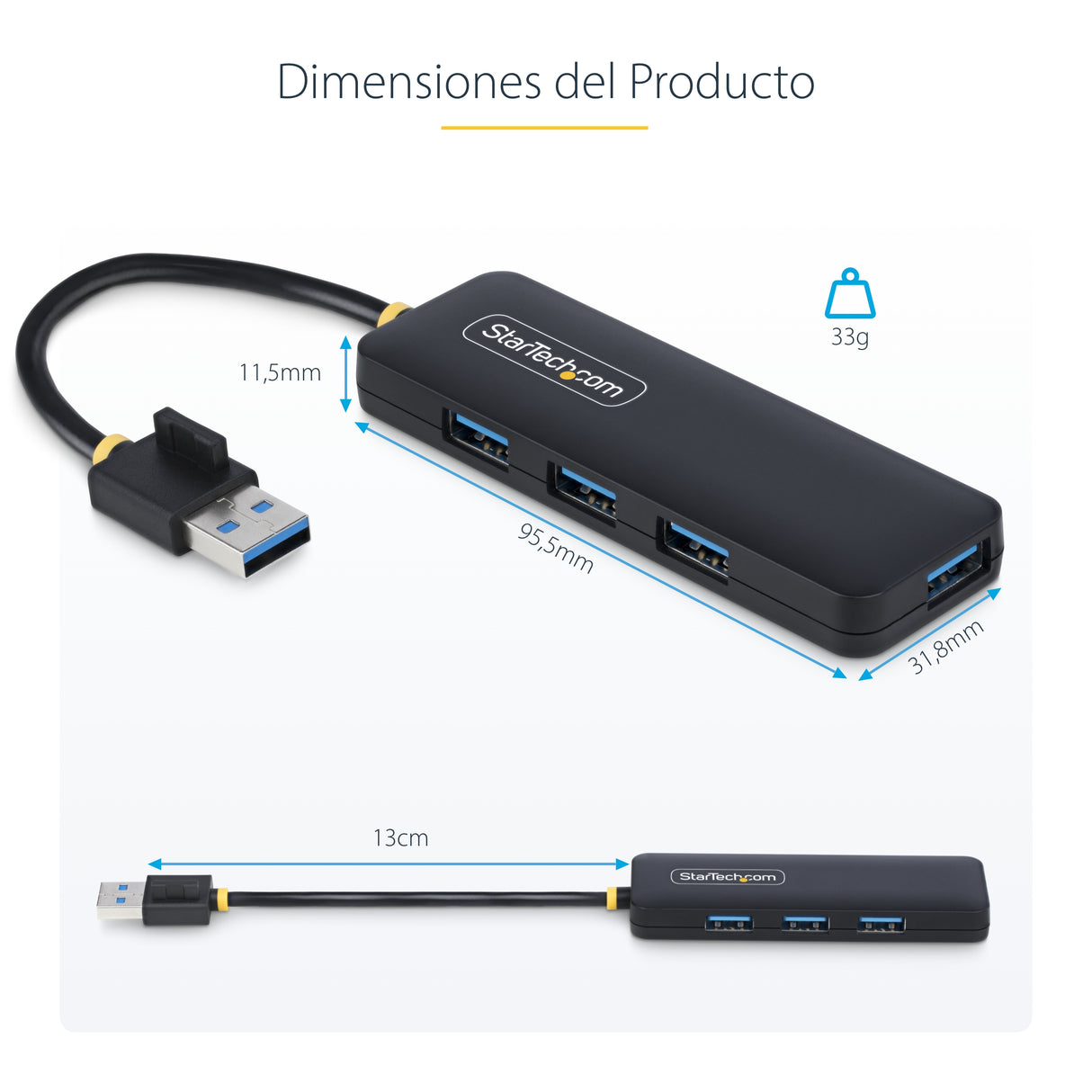 StarTech.com Hub USB-A de 4 Puertos - Ladrón USB de 4 Puertos - Alimentado por el Bus - USB 3.0 de 5Gbps - Hub Portátil
