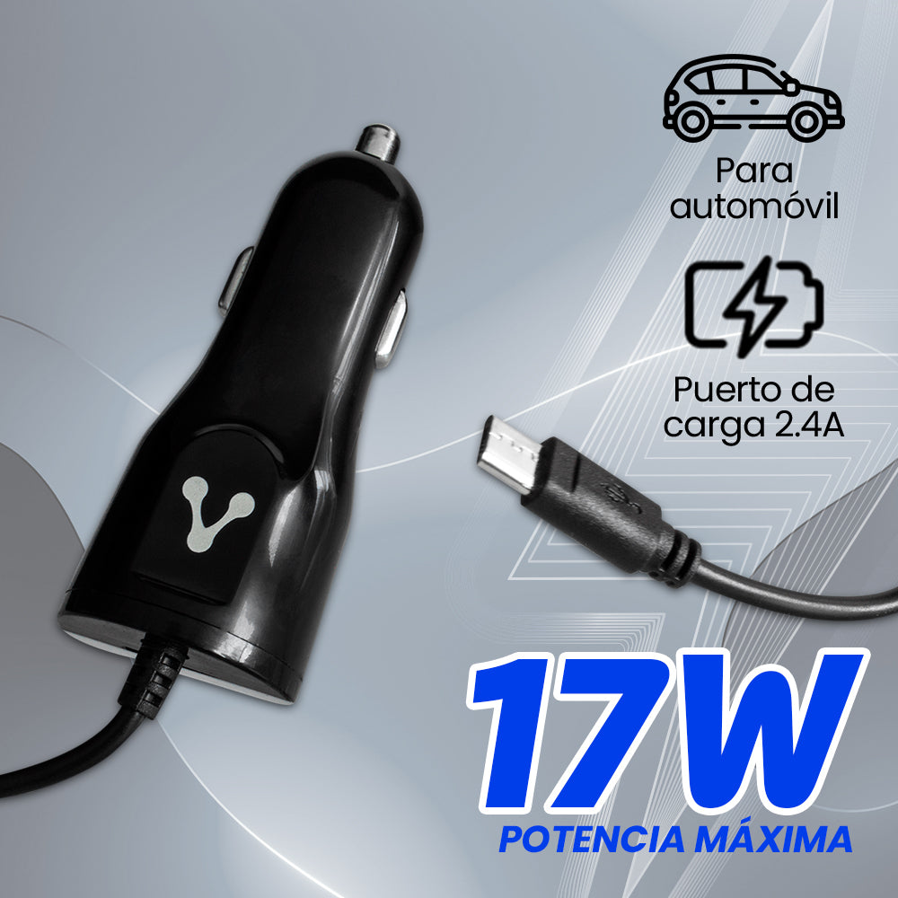 Cargador para Auto Vorago 1xUSB 2.0, Cable Micro USB 2.4A Negro
