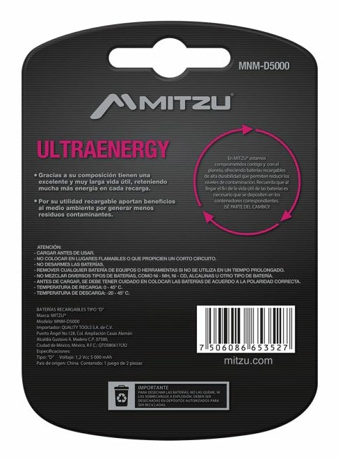 MITZU MNM-D5000 pila de uso doméstico Batería recargable D Níquel-metal hidruro (NiMH), 2 pieza(s)