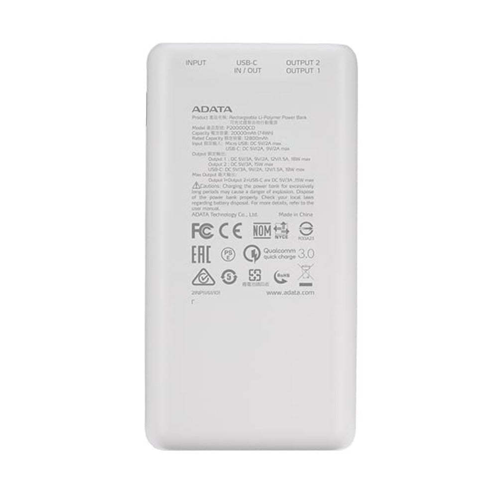 Cargador Portátil Adata P20000QCD Tipo C 20000mAh Blanco - Carga Rápida 3.0