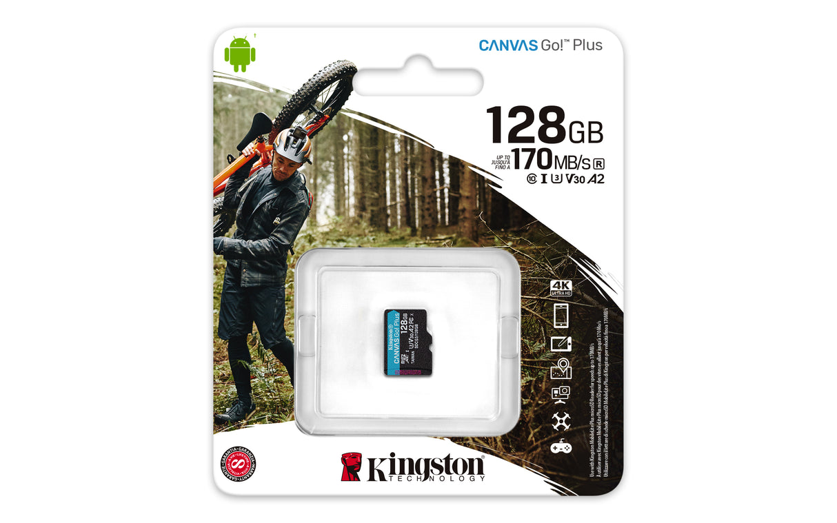 Kingston Technology Canvas Go! Plus Paquete de una tarjeta microSDXC Canvas Go Plus 170R A2 U3 V30 de 128 GB sin ADP Memoria Flash 128 GB MicroSD 170 MB/s 90 MB/s
