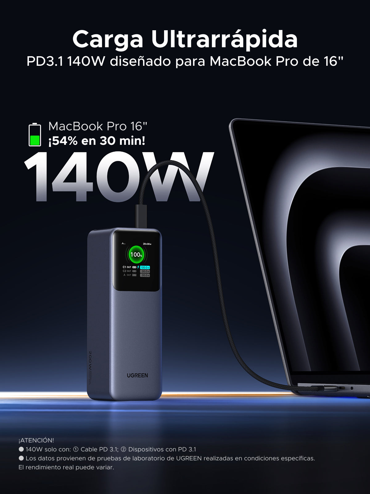 Ugreen 25000mAh 200W Fast Charging Powerbank Gris