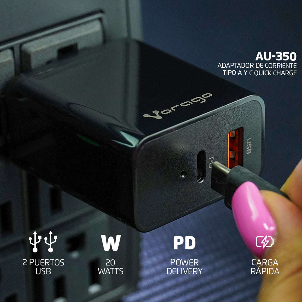 Vorago CARGADOR PARA AUTO AU-305-BK TIPO C PD 20W Y USB A QUICK CHARGE 3.0 NEGRO - Universal Carga rápida