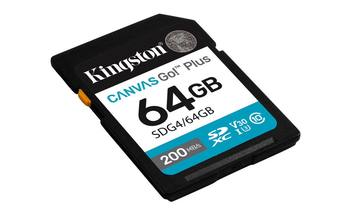 Kingston Technology Canvas Go! Plus 64GB SDXC Canvas Go Plus Gen4 200MB/s C10 UHS-I U3 V30 Memoria Flash 64 GB SDXC 200 MB/s 100 MB/s