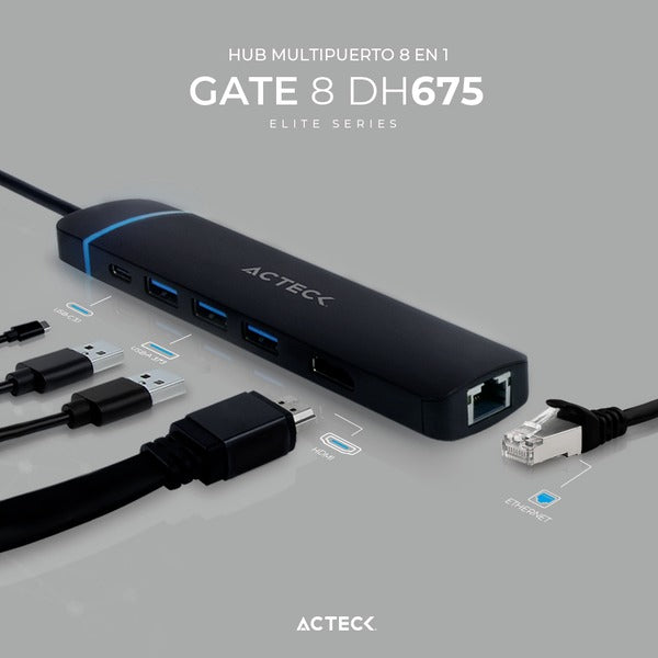 Acteck Gate 8 DH675 Alámbrico USB 3.2 Gen 1 (3.1 Gen 1) Type-C Negro, 100 W, 1000 Mbit/s, MicroSD (TransFlash)