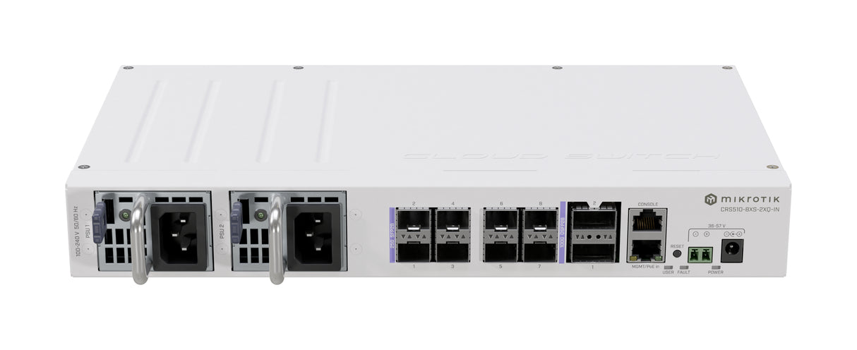 CRS510-8XS-2XQ-IN, Switch CPU 650MHz, 128MB RAM, 1 Eth 10/100, 8 SFP28 25G, 2 QSFP28 100G, CA/CD y 802.3bt PoE-in, Route