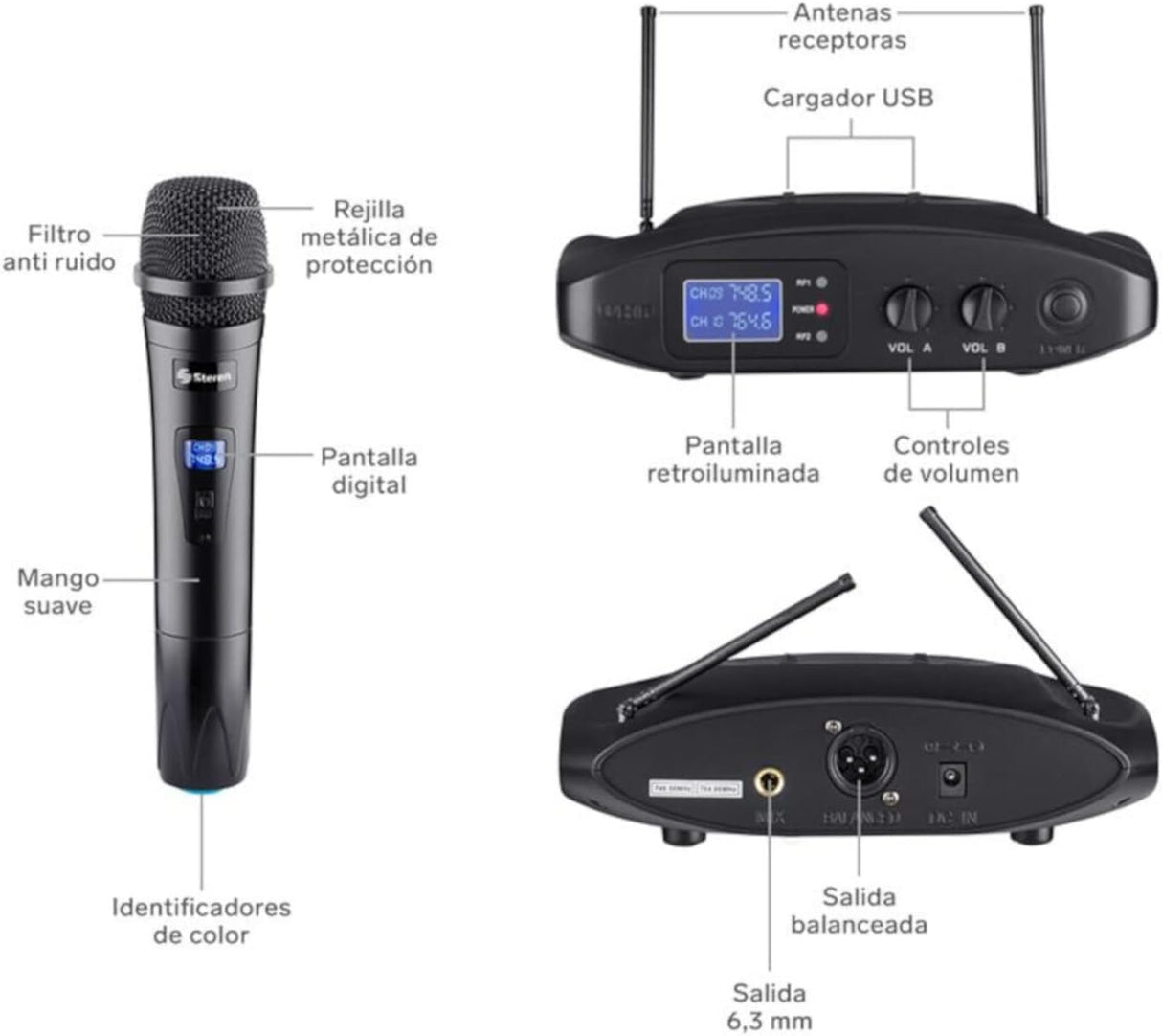 Sistema Profesional Steren 2 Micrófonos Inalámbricos Uhf Batería Recargable