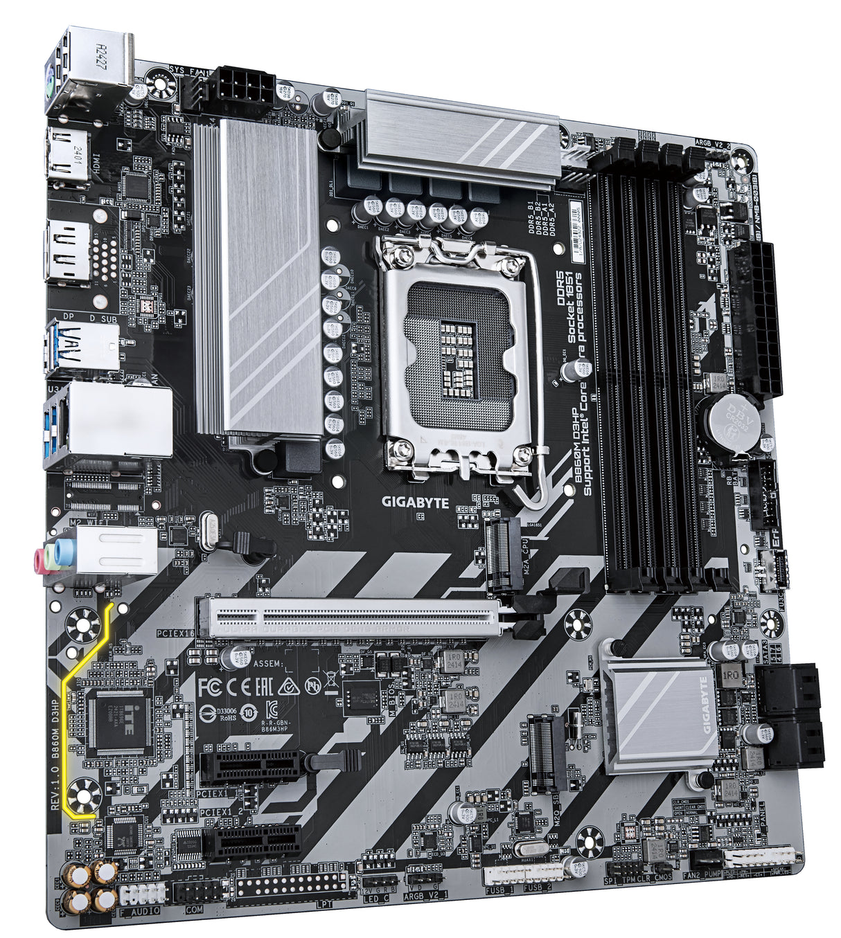GIGABYTE B860M D3HP Placa base - CPUs Intel Core Ultra, VRM de 4+1+2+1 fases, hasta 9066MHz DDR5, 2xPCIe 4.0 M.2, LAN GbE, USB 3.2 Gen 1 placas base Intel LGA 1851 (Socket V1) LGA 1851 DDR5-SDRAM