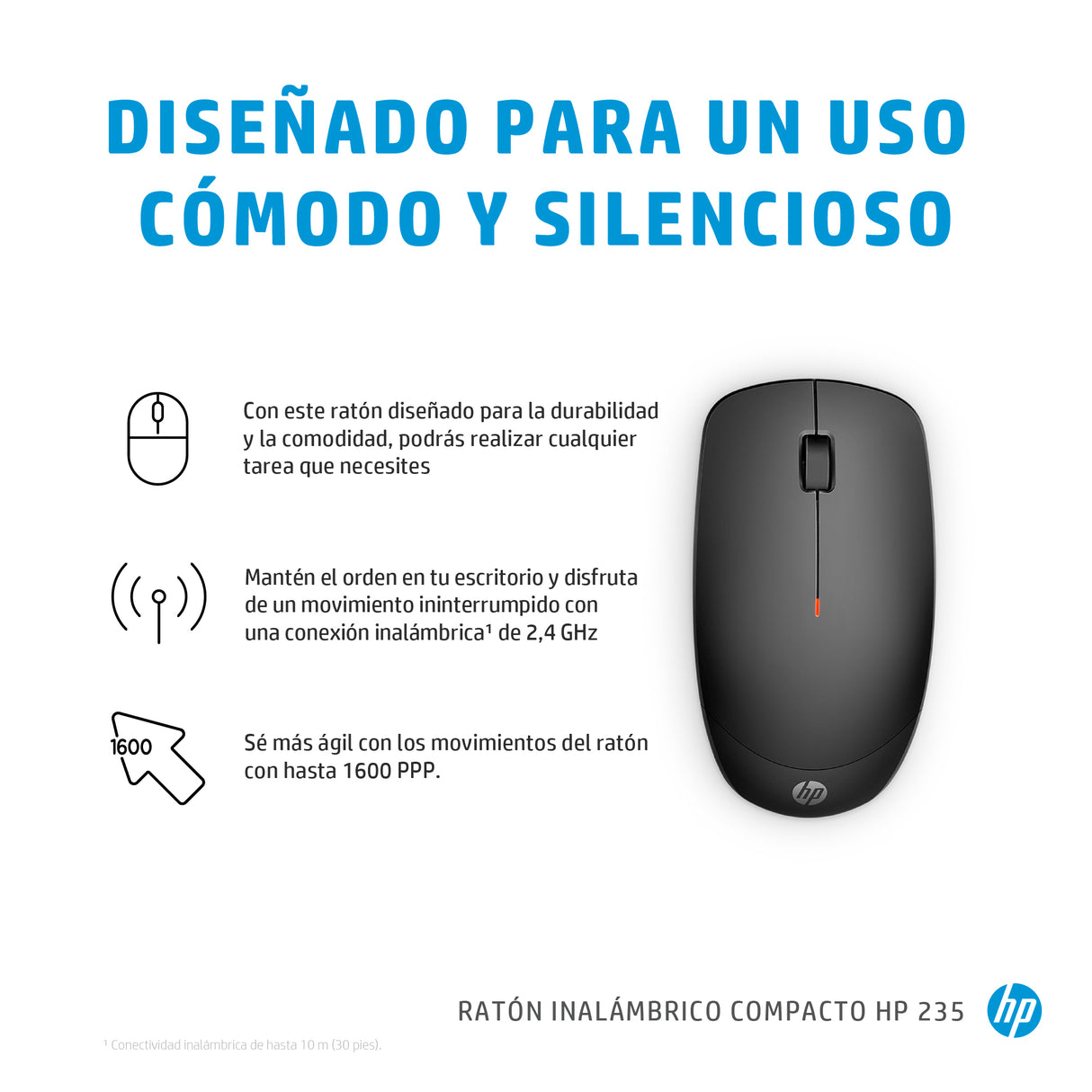 HP Mouse inalámbrico compacto 235, Ambidiestro, Óptico, 1600 DPI, 4E407AA#ABM