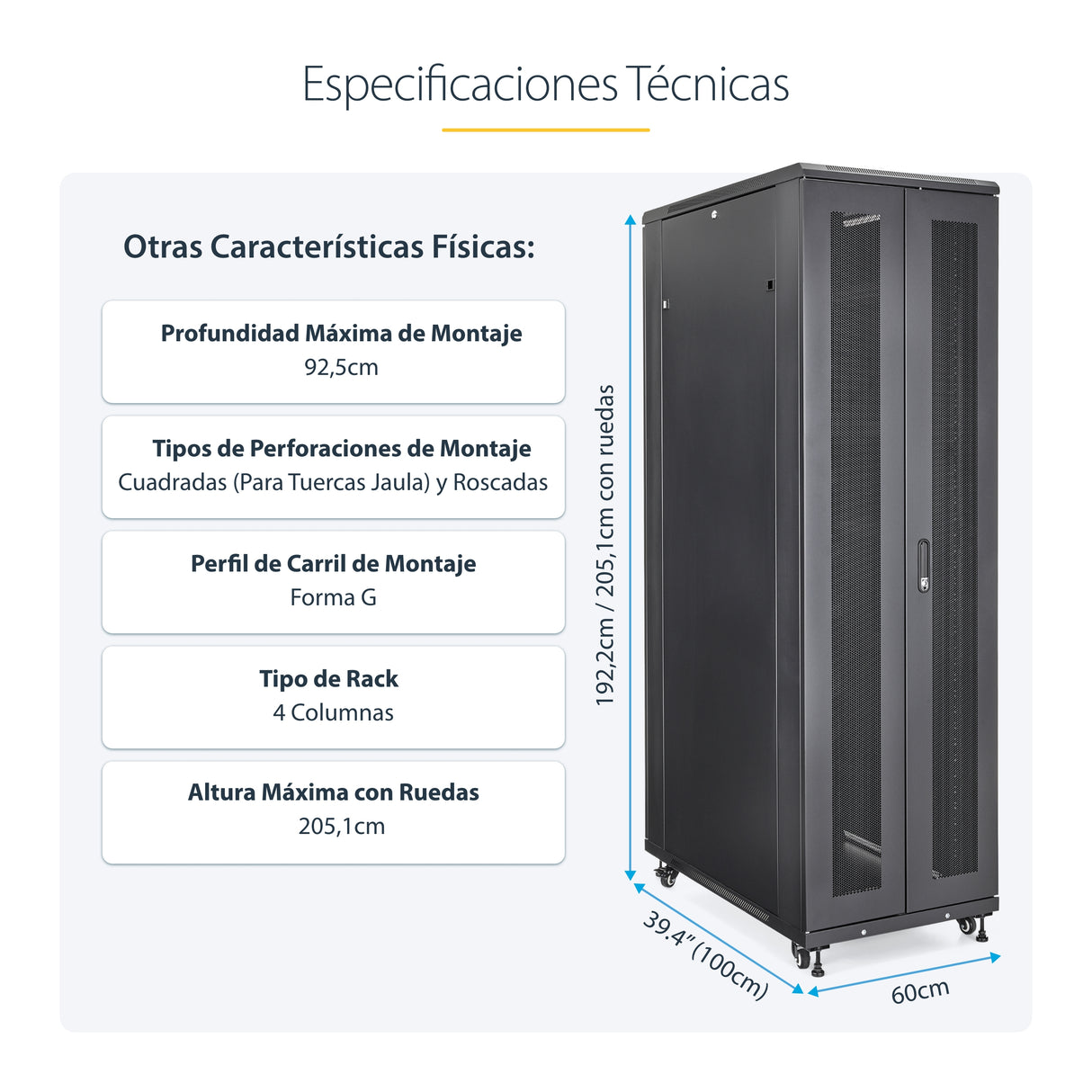StarTech.com Rack Armario de Equipos de 4 Columnas 42U - Profundidad de 36in - Rack Armario de 19 Pulgadas con Ruedas -