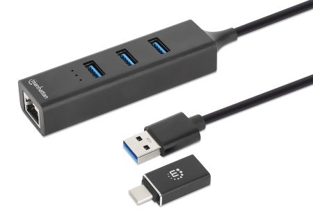 Manhattan Hub/dock combinado USB-C y USB-A, puertos (4): Ethernet + 3x USB-A, 5 Gbps (USB 3.0), Alimentado por USB (no requiere alimentación externa) hubs de interfaz 3 4 5000 Mbit/s Negro