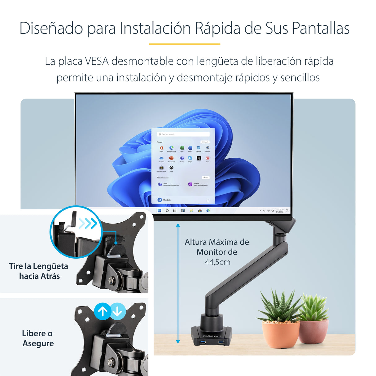 StarTech.com Brazo de Escritorio para Pantalla - Soporte VESA para Monitor hasta 34" (8kg) - Soporte VESA Articulado con Movimiento Total - Hub USB 3.0 de 2 Puertos - Grommet o Abrazadera - Resorte Monitor Negro