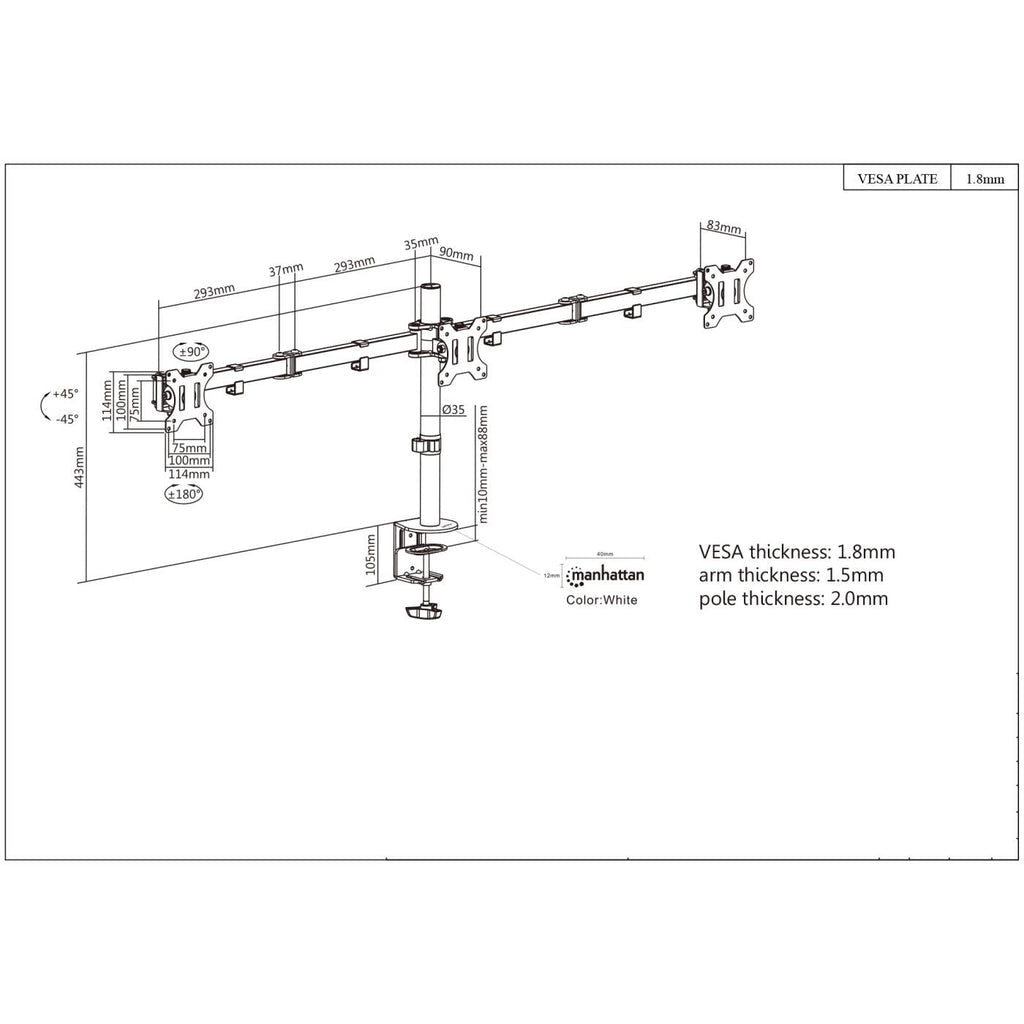 Manhattan Soporte triple de sobremesa para 3 monitores, pantallas 10"–27", montaje traseros con abrazadera, Co