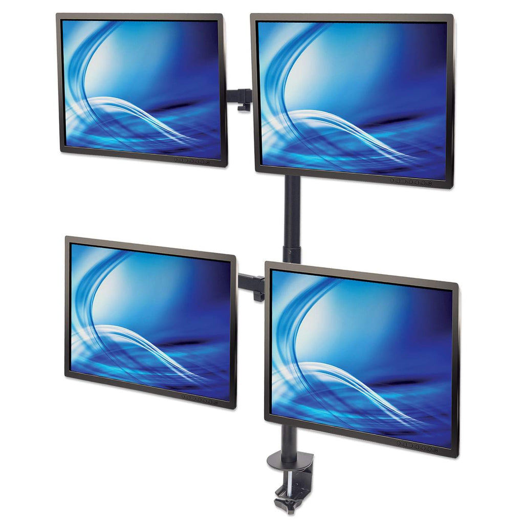 Manhattan Soporte de sobremesa para 4 monitores, pantallas 10"–27", base o abrazadera, Compatibilidad VESA: 75x75 y 100x100 mm (verifique las dimensiones de los cuatro orificios de montaje traseros), carga máxima 8 kg (cada uno), negro Monitor negro