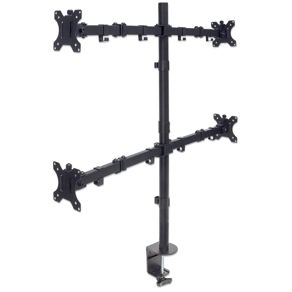Manhattan Soporte de sobremesa para 4 monitores, pantallas 10"–27", base o abrazadera, Compatibilidad VESA: 75x75 y 100x100 mm (verifique las dimensiones de los cuatro orificios de montaje traseros), carga máxima 8 kg (cada uno), negro Monitor negro