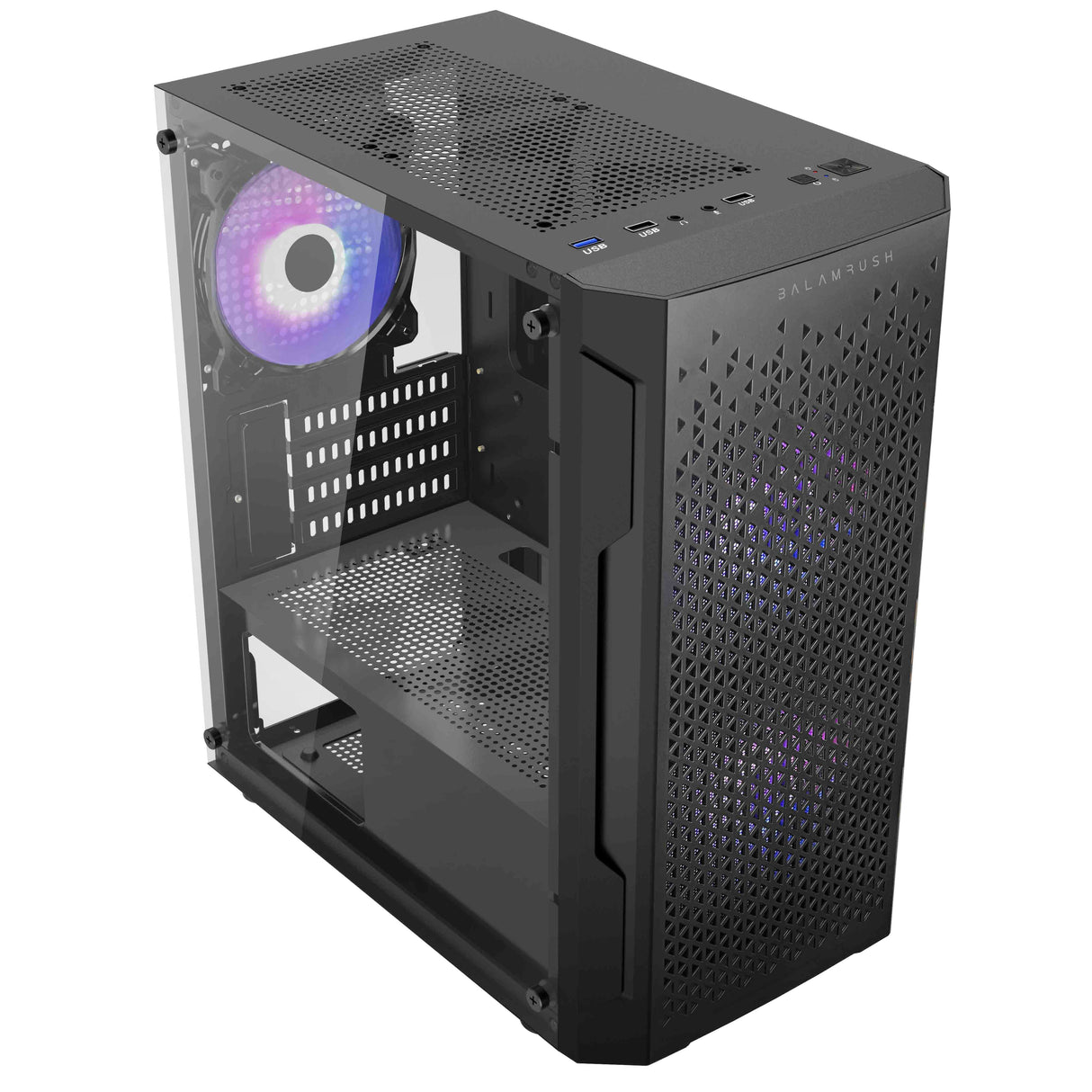 Gabinete Gamer Balam Rush Mini Torre Artic GI725 ATX Panel Izq Cristal Frente Colmena USB 3.0/3xFan RGB Negro