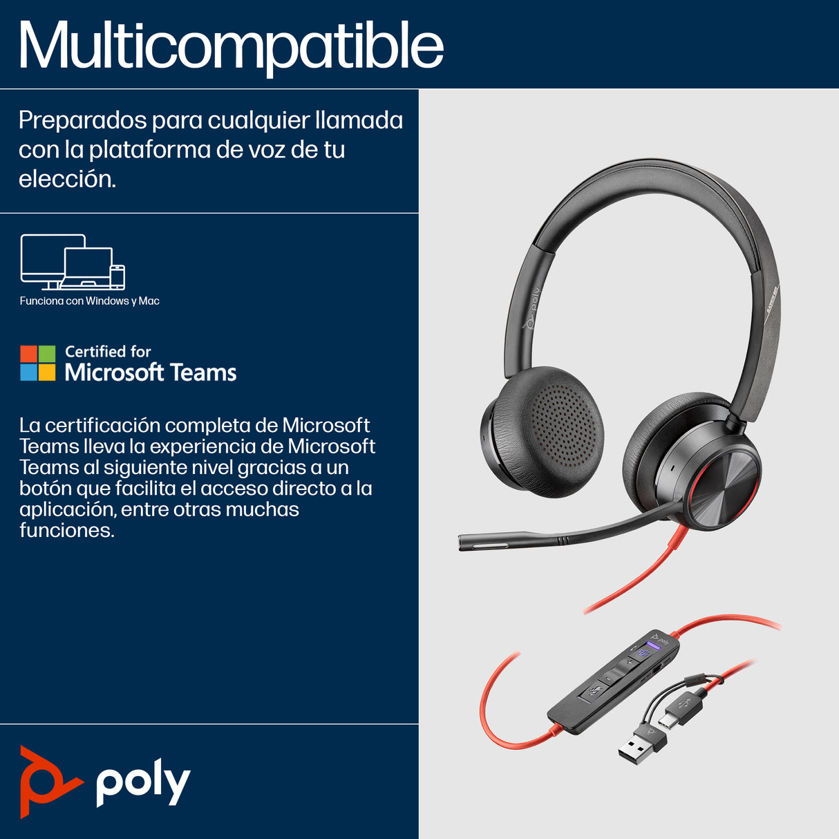 HP Poly Auriculares estéreo Poly Blackwire 8225 USB-C + Adaptador USB-C/A Auriculares Auriculares Diadema Oficina/Centro de llamadas Binaural