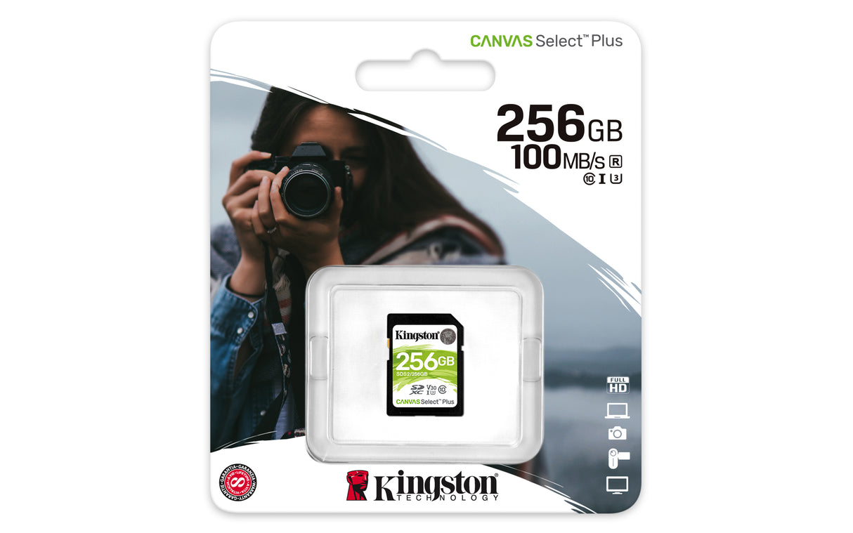 Kingston Technology Tarjeta SDXC Canvas Select Plus 100R C10 UHS-I U3 V30 de 256 GB Memoria Flash 256 GB SDXC 100 MB/s 85 MB/s