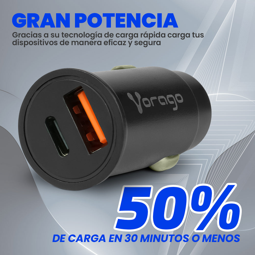 CARGADOR PARA AUTO VORAGO AU-305 TIPO C PD 20W Y USB A QUICK CHARGE 3.0 NEGRO