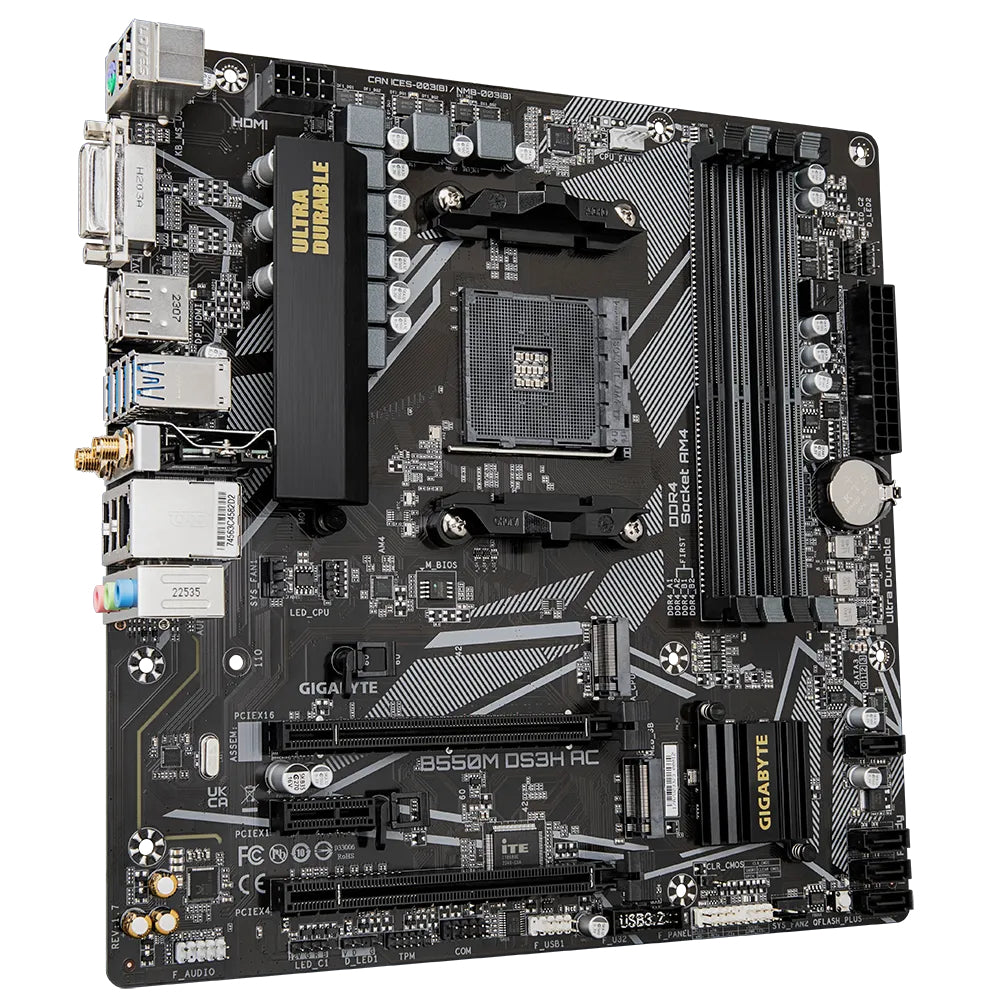 GIGABYTE B550M DS3H AC Placa base - Procesadores AMD Ryzen 5000, VRM de 5+3 fases, hasta 4733 MHz DDR4, 1xPCIe 4.0 + 1xPCIe 3.0 M.2, Wi-Fi 5, LAN 1GbE, USB 3.2 Gen 1 placas base AMD Zócalo AM4 Zócalo AM4 DDR4-SDRAM