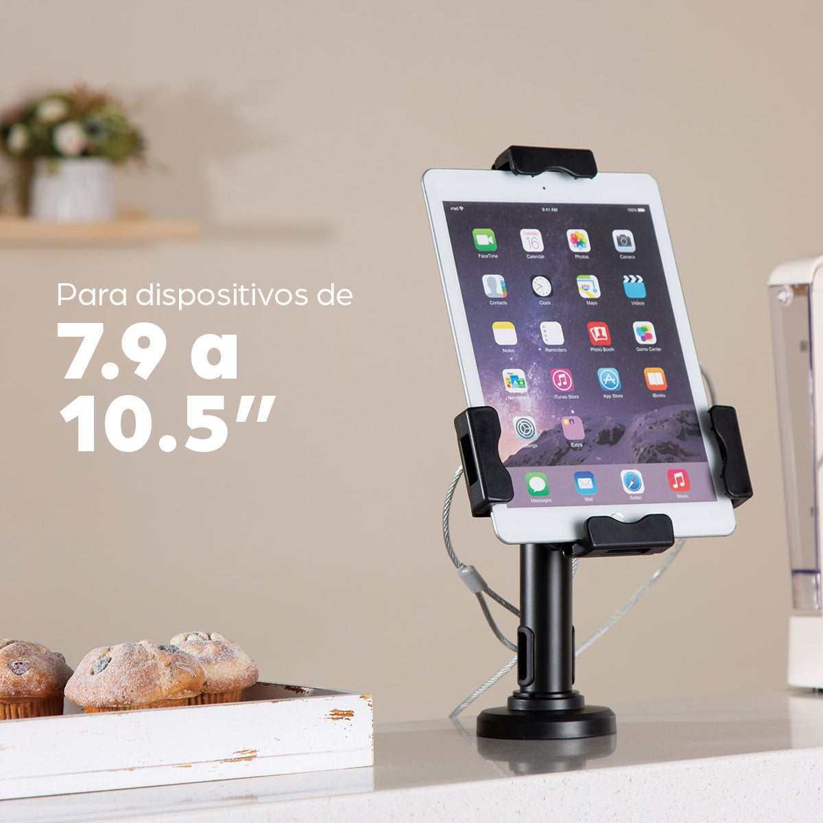 Manhattan Soporte de sobremesa para iPad y tablet, bloqueable, montable en pared, antirrobo, para tablets de 7,9" a 10,5", rotación 360°, inclinación ±70°, giro 330°, negro soportes Soporte pasivo Tablet/UMPC Escritorio Plástico, Acero
