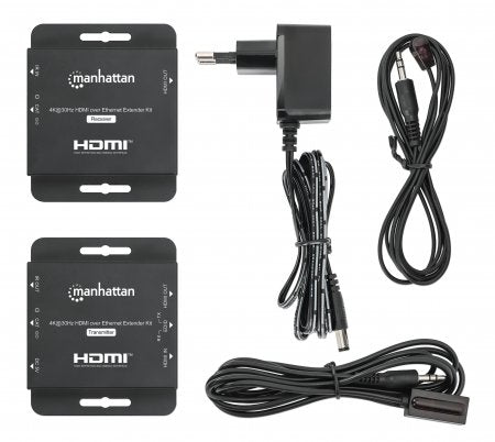 Manhattan Kit extensor HDMI 4K por Ethernet, extiende 4K@30 Hz hasta 40 m o 1080p@60 Hz hasta 70 m mediante cable Cat6, transmisor y receptor, aliment