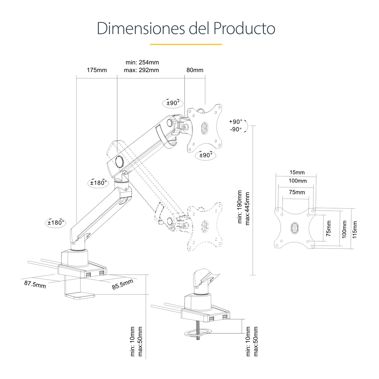 StarTech.com Brazo de Escritorio para Pantalla - Soporte VESA para Monitor hasta 34" (8kg) - Soporte VESA Articulado con Movimiento Total - Hub USB 3.0 de 2 Puertos - Grommet o Abrazadera - Resorte Monitor Negro