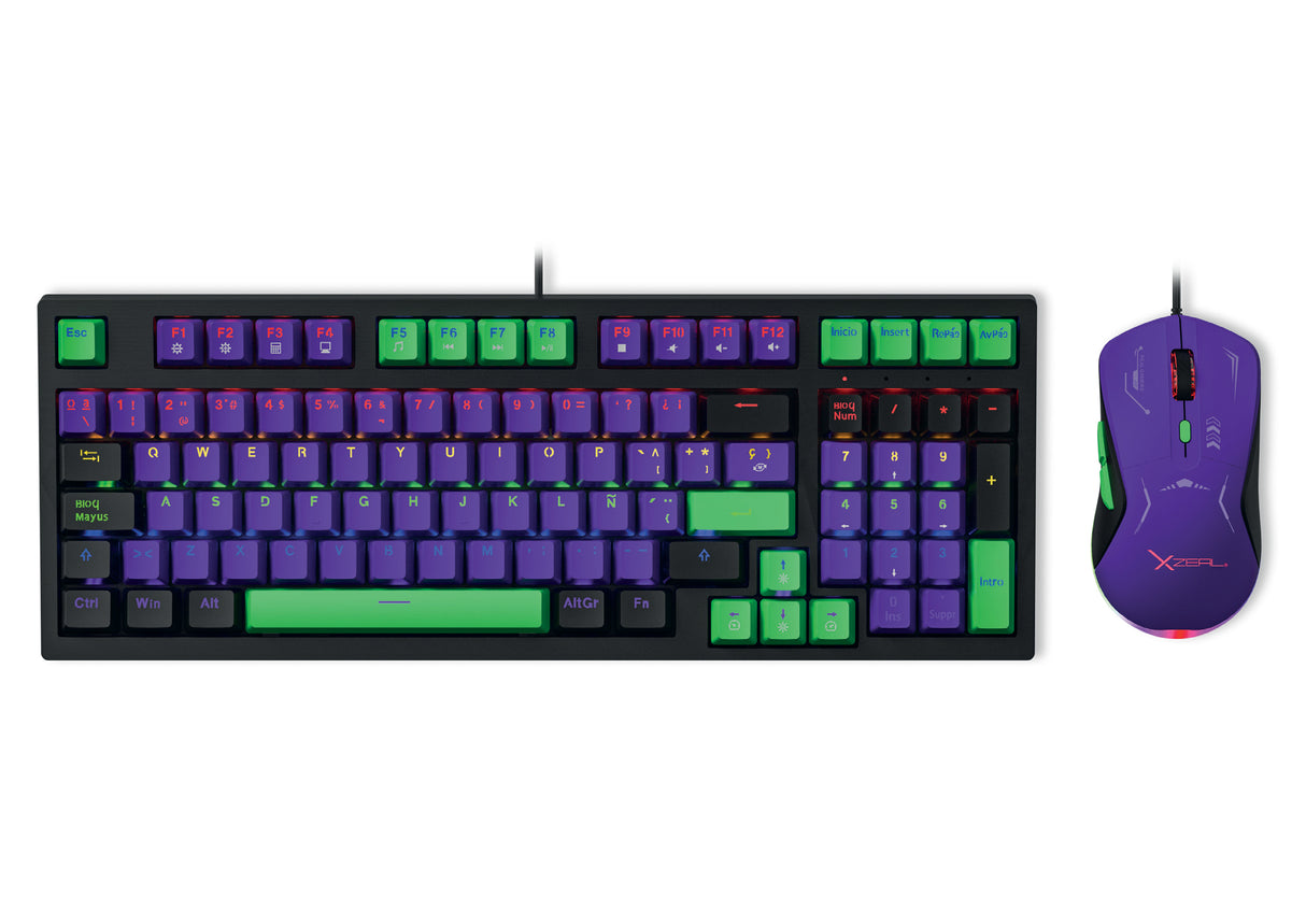 Kit Gamer 2 en 1 XZ-201 Teclado 90% Mecánico RGB + Mouse 7200 Dpi 6 botones Conexion USB 1.5m Morado-Verde