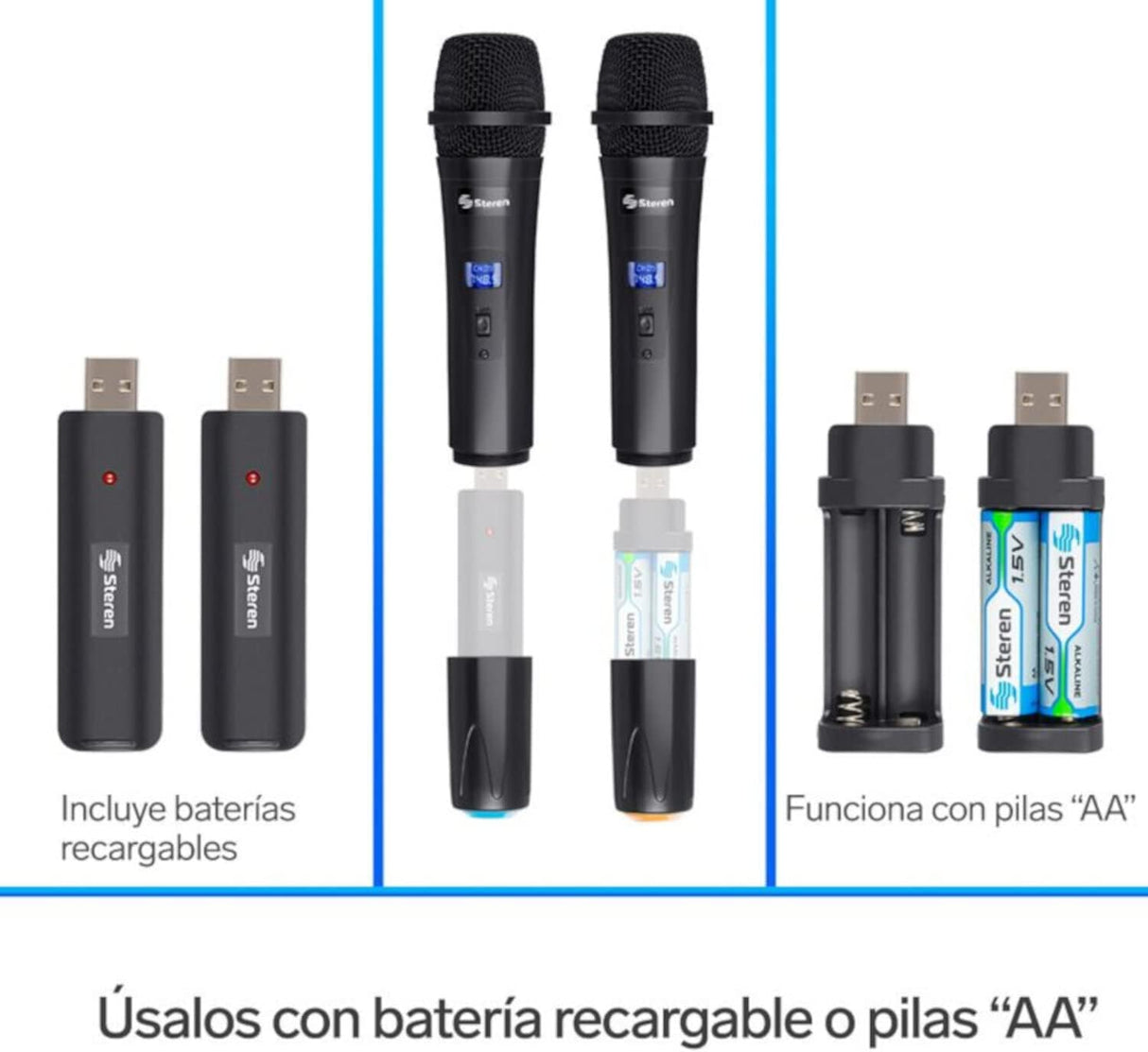 Sistema Profesional Steren 2 Micrófonos Inalámbricos Uhf Batería Recargable