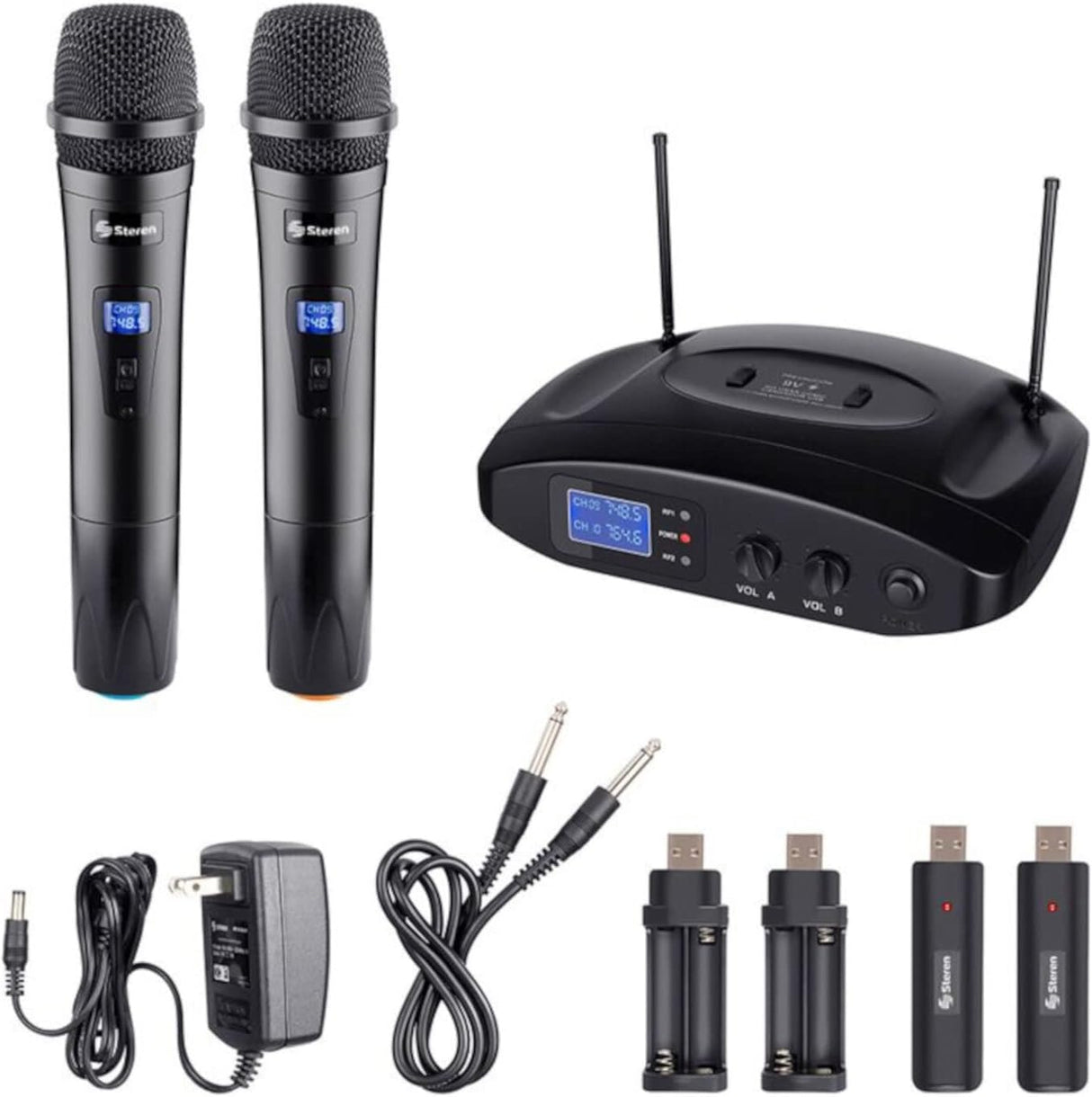 Sistema Profesional Steren 2 Micrófonos Inalámbricos Uhf Batería Recargable