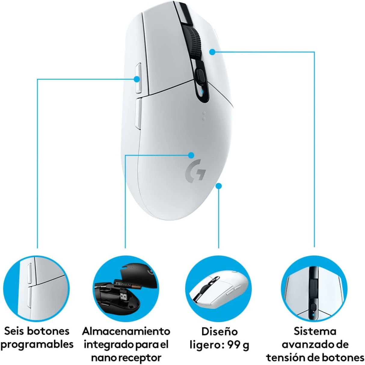 Mouse Lightspeed Gaming Logitech G305 Inalámbrico, Sensor Hero, 6 Botones, Blanco - 910-005290 FullOffice.com
