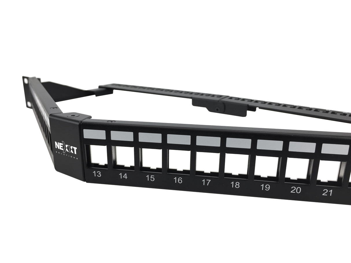 Nexxt Solutions Infrastructure - Patch panel - Cold-rolled steel - Black with silver extrusion - Angled Mod SH 24P 1U