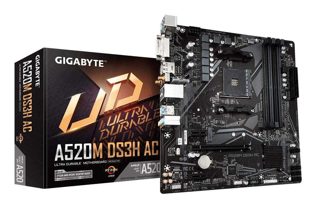 GIGABYTE A520M DS3H AC Placa Base - Procesadores AMD Ryzen Serie 5000, VRM de 5+3 fases, hasta 4733 MHz DDR5 (OC), 1xPCIe 3.0 M.2, LAN GbE, WIFI 5, USB 3.2 Gen 1 placas base AMD Zócalo AM4 1 Zócalo AM4