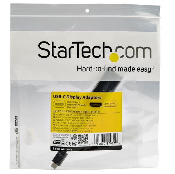 StarTech.com Adaptador USB-C a HDMI con HDR - 4K 60Hz - Negro adaptadores gráficos usb USB Tipo C Macho Si 1