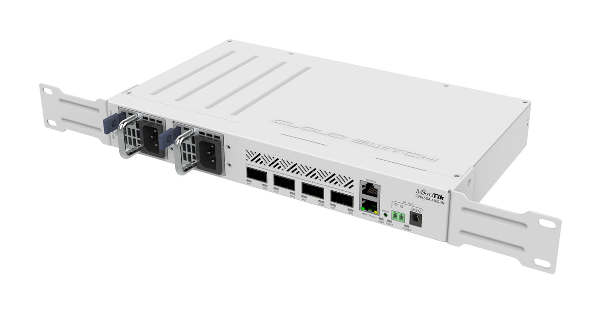 CRS504-4XQ-IN, Switch CPU 650MHz, 64MB RAM, 1 Eth 10/100, 4 QSFP28 100G, CA/CD y 802.3bt PoE-in, RouterOS