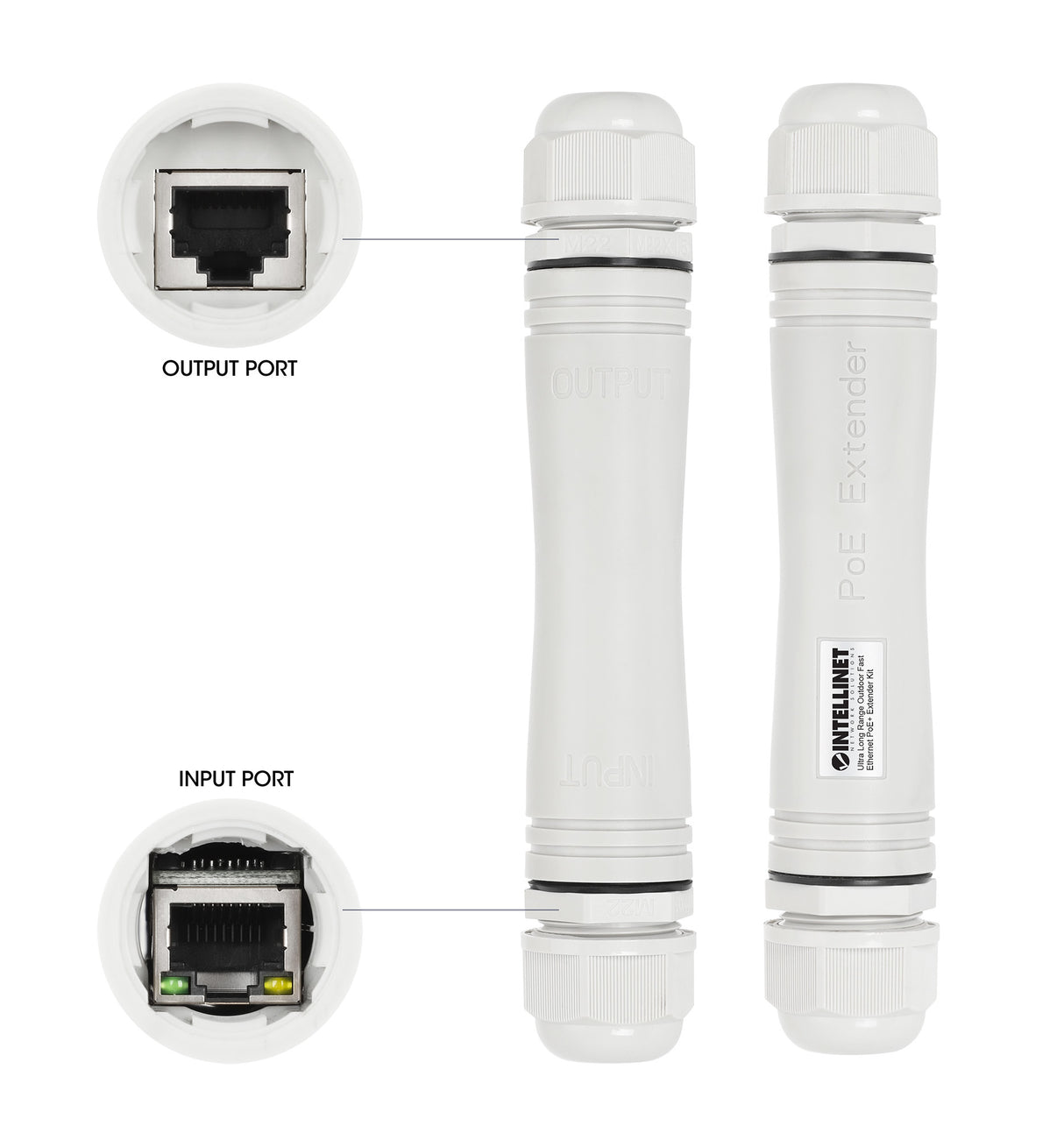 Intellinet Kit extendeur PoE+ extérieur très longue portée Fast Ethernet, étend le PoE jusqu’à 1000 m, 1 port PD jusqu’à 95 W, compatible IEEE 802.3bt