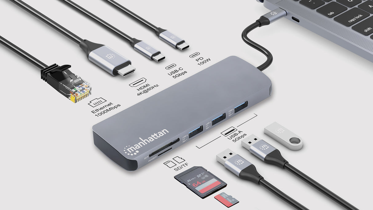 Manhattan Dock/hub USB-C con lector de tarjetas, puertos (7): Ethernet, HDMI, 3x USB-A y 2x USB-C, c