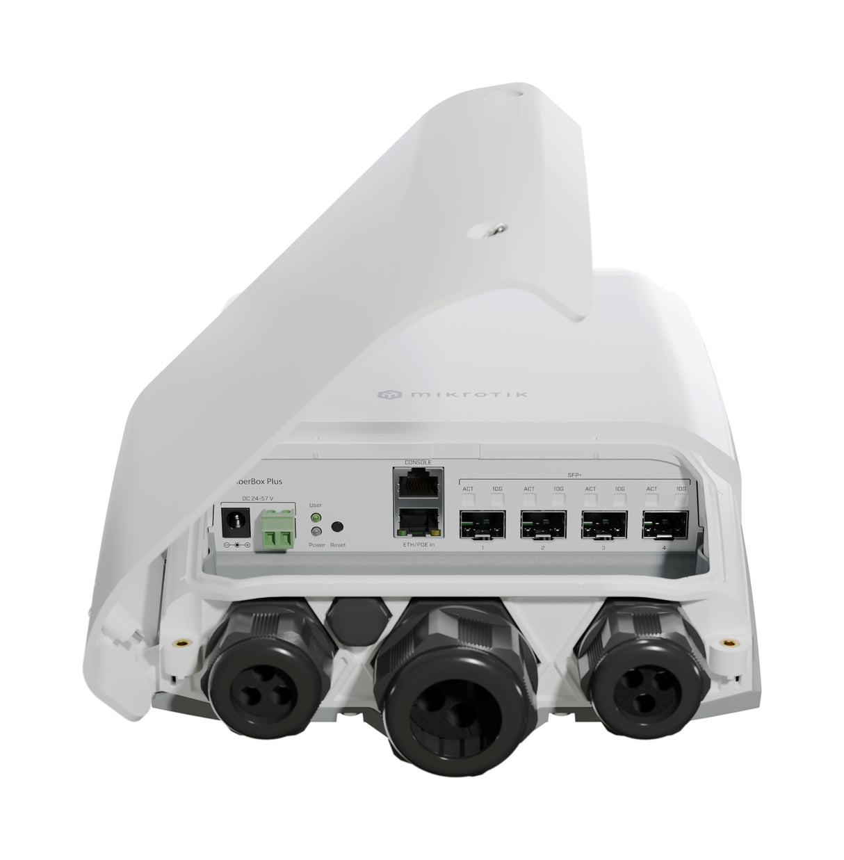 CRS305-1G-4S+OUT, FiberBox Plus, Switch exteriores CPU 800MHz, 512MB RAM, 1 EthGb, 4 SFP+, RouterOS/SwitchOS