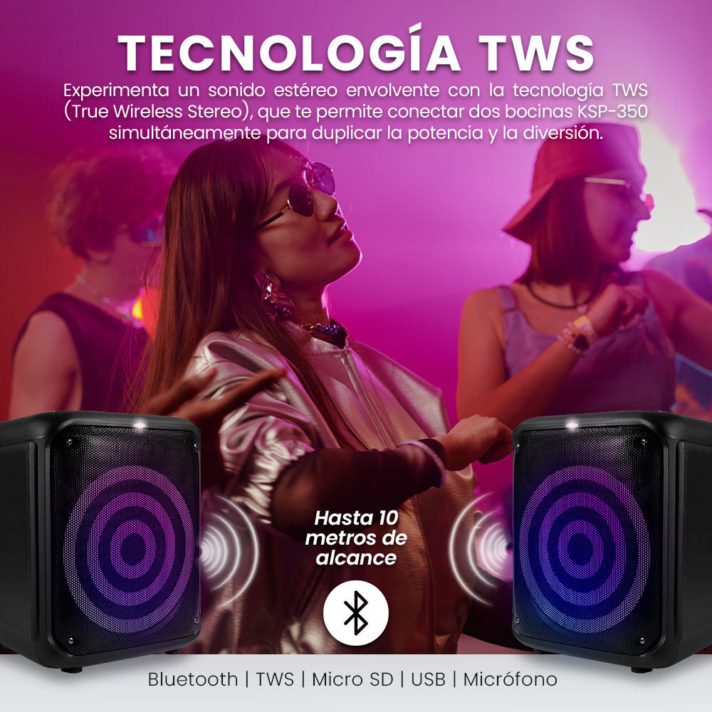 BAFLE VORAGO KSP-350 NEGRO 8" 30WATTS RMS TECNOLOGÍA DSP / USB / MSD/ 3.5MM / RECARGABLE / TWS BT 5HRS CARGA USB TIPO C