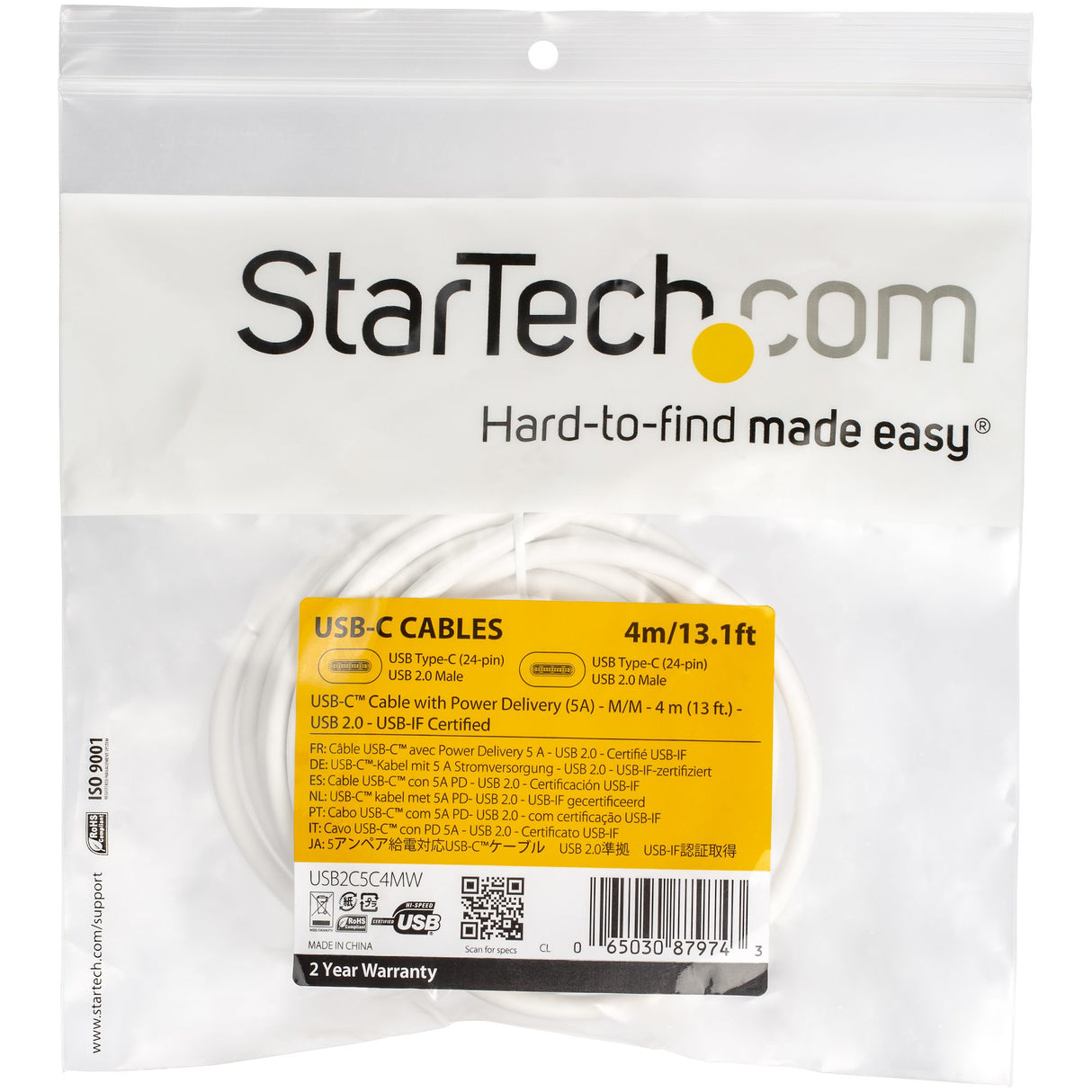 StarTech.com Cable 4m USB-C a USB-C con capacidad para Entrega de Alimentación de 5A - USB Tipo C - Cable de Carga USBC - USB 2.0 - Blanco Cable USB 3.2 Gen 1 (3.1 Gen 1) USB C USB C Macho